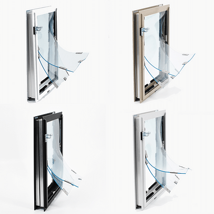 Hale Door Models in four frame colors, each with a clear flexible flap and no electronics