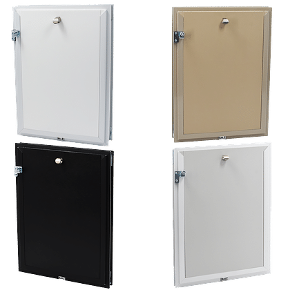 Hale pet doors in four frame colors with locking security covers, shown across install types